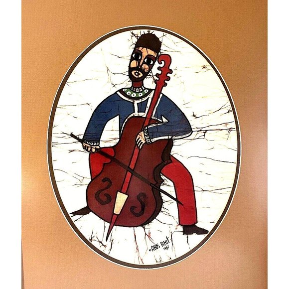 AMOS AMIT FIDDLER JUDAIC Batik Signed Painting 1981 Oval Mat Framed -Priced Each - Picture 6 of 12